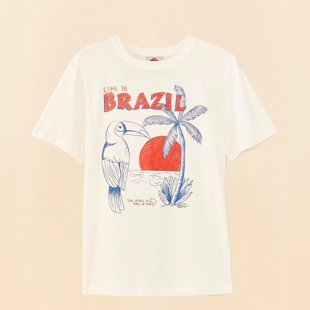 Farm Rio Welcome To Brazil Short Sleeve Graphic Tee NWT White Red Parrot Love - Picture 2 of 4